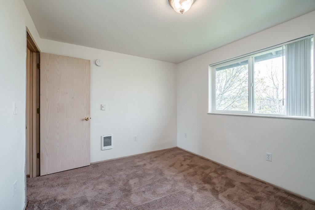 a bedroom with a carpeted floor and a large window