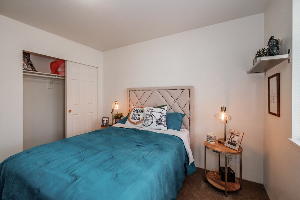 a bedroom with a bed and a closet