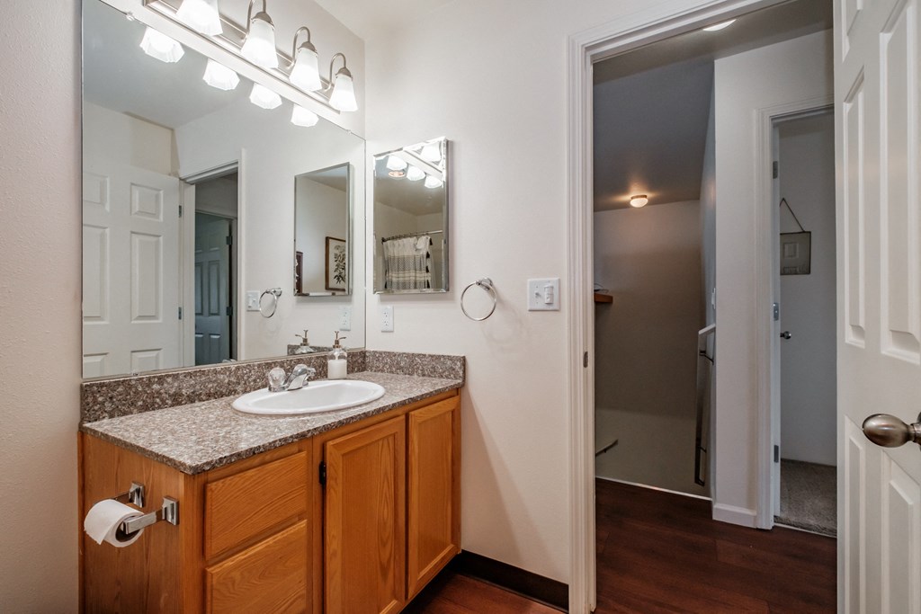 a bathroom with a sink and mirror