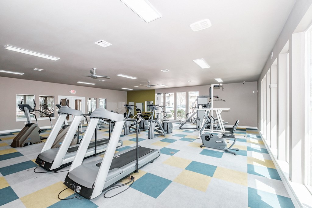 a large fitness room with treadmills and other exercise equipment
