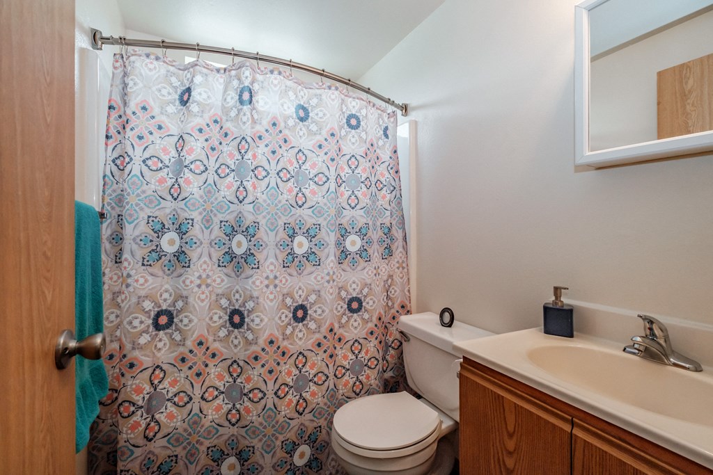 a bathroom with a white sink and toilet next to a shower with a blue and red shower