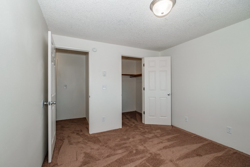 a bedroom with a carpeted floor and a closet with a door open