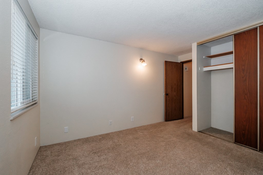 a bedroom with a closet and a window