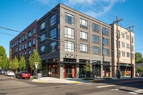 a building on the corner of a city street