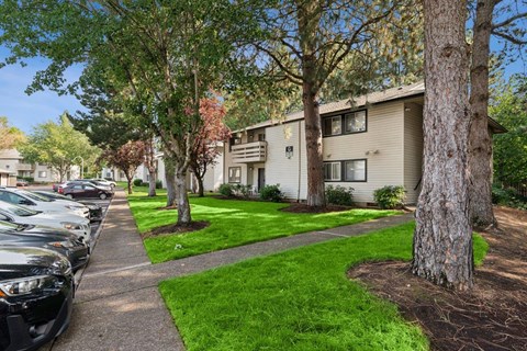 A row of cars parked on a sidewalk in front of apartment buildings.