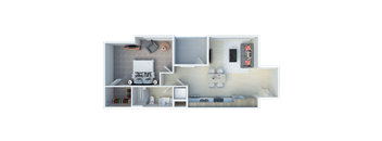 A 3D floor plan of a house with a living room, kitchen, and two bedrooms.
