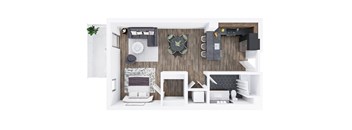 A white and wood themed room with a couch, chair, and a table.
