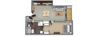 A top-down view of a living room with a dining area, kitchen, and staircase.