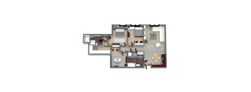 A floor plan of a house with a living room, dining room, kitchen, and two bedrooms.