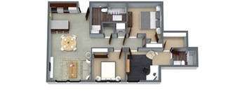 A 3D floor plan of a house with a kitchen, living room, and bedrooms.
