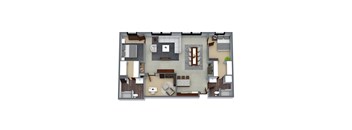 A top-down view of a house layout with a kitchen, living room, and bedrooms.