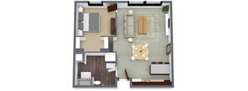 A top-down view of a living room with a dining area and kitchen.