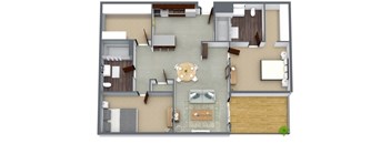 A top-down view of a house interior with a dining area, living room, kitchen, and a small garden.