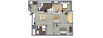 A top-down view of a house layout with a dining area, living room, and kitchen.