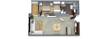 A top-down view of a living room with a couch, coffee table, and a dog.