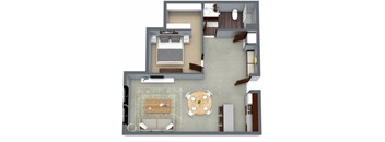 A top-down view of a living room with a couch, coffee table, and television.