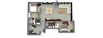 A top-down view of a living room with a couch, coffee table, and dining table.