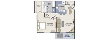 A floor plan of a house with a bedroom, living area, kitchen, dining room, and bathroom.