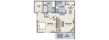 A floor plan of a house with a bedroom, living area, kitchen, dining room, bathroom, and patio/balcony.