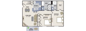 A floor plan of a house with a living area, two bedrooms, a kitchen, a bathroom, a patio, and a balcony.