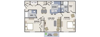 A floor plan of a home with a living area, two bedrooms, a kitchen, and a bath.