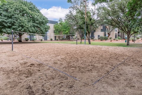 A sandy volleyball court with a net in the middle and trees in the background.