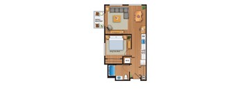 A floor plan of a house with a patio and a king size bed.