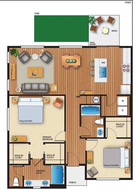 a floor plan of one bedroom apartment with two bathrooms and a balcony