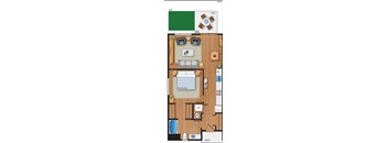 A floor plan of a house with a kitchen, living room, and two bedrooms.