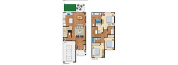 A floor plan of a two-story house with a garage and a porch.