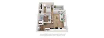 A top-down view of a small apartment with a kitchen, living room, and bathroom.