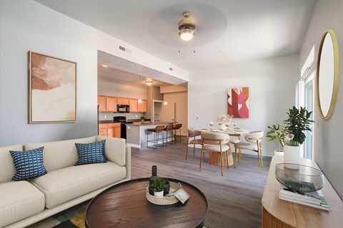 a living room with a couch and a table