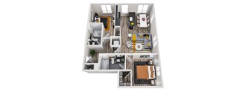 A top-down view of a modern apartment layout with a kitchen, living room, and bedrooms.