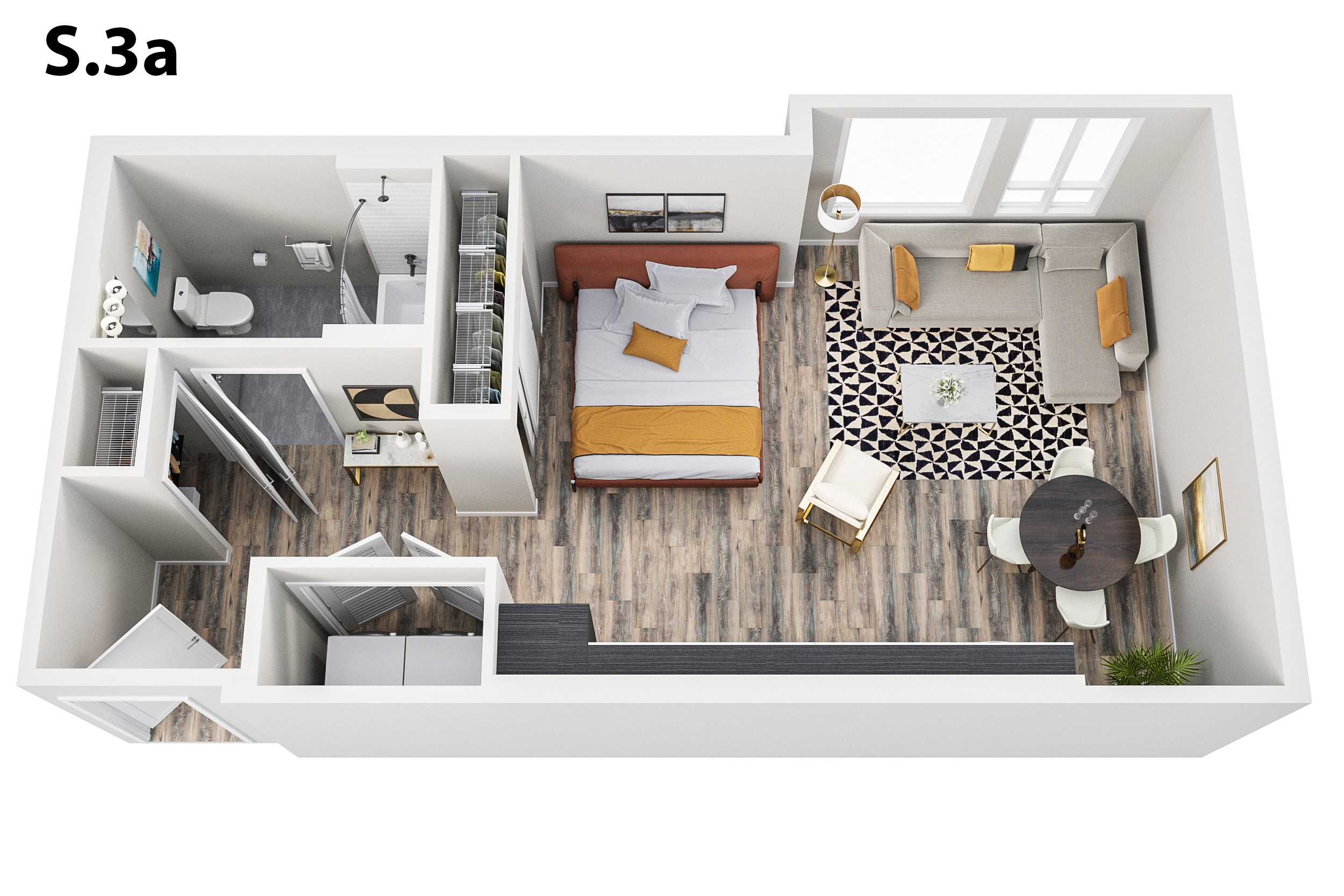 A top down view of a small apartment layout.