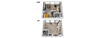 A top down view of a first and second floor apartment layout.