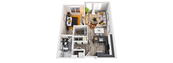 A top down view of a modern apartment with a living room, kitchen, and bedroom.