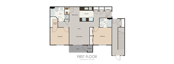 A floor plan of a house with two bedrooms, a study, and a bathroom.