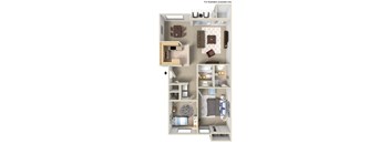 A detailed 3D floor plan of a small apartment.