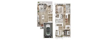 A series of images showing different layouts of a house with a car parked in the driveway.