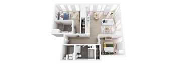A top-down view of a two-bedroom apartment with a living room, kitchen, and bathroom.