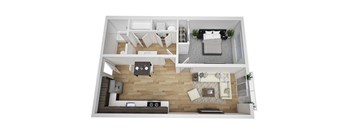 A top-down view of a modern apartment layout with a living room, kitchen, and bedroom.