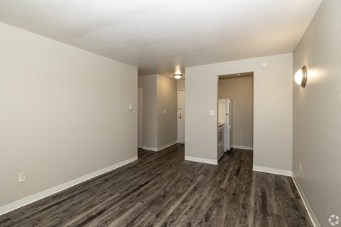 A room with a wooden floor and a doorway leading to another room.