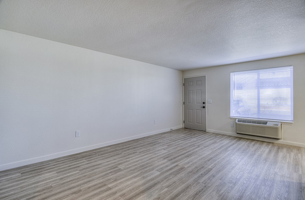 the spacious living room of an apartment with wood flooring and a door to a