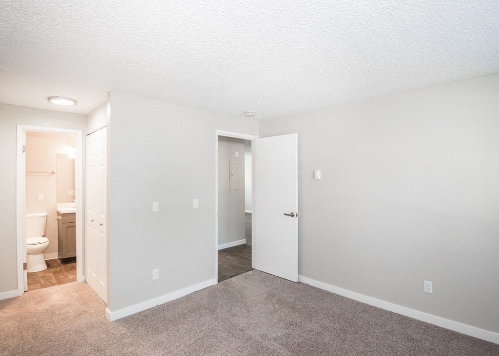 Fox Pointe Apartments Two Bedroom Model Bedroom and Bathroom