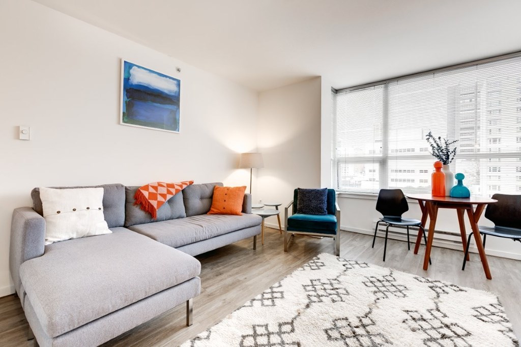 A living room with a grey couch, a blue chair, and a patterned rug.