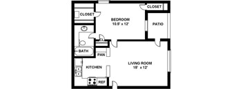 A black and white image of a floor plan for a small apartment.