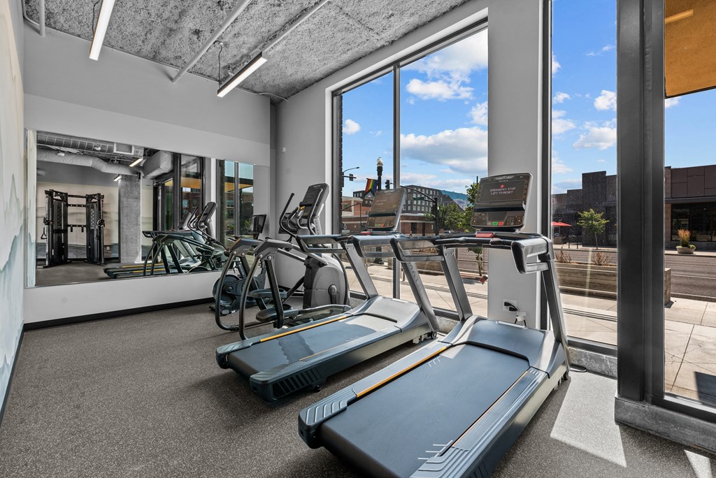 the gym is equipped with treadmills and weights with a view of the city