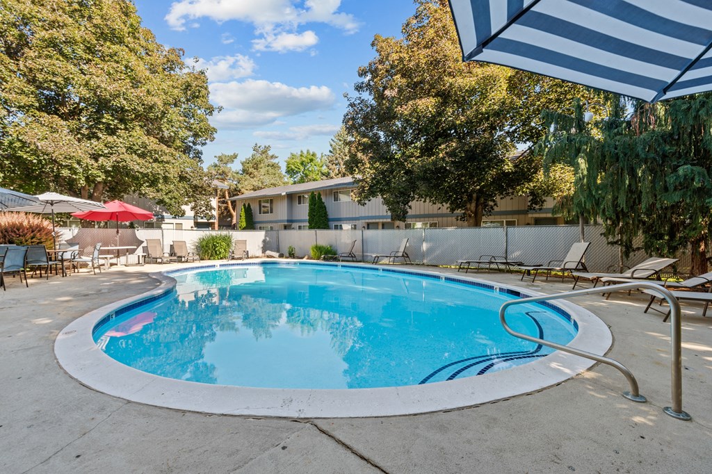 Curtis Apartments swimming pool is next to our patio and umbrellas