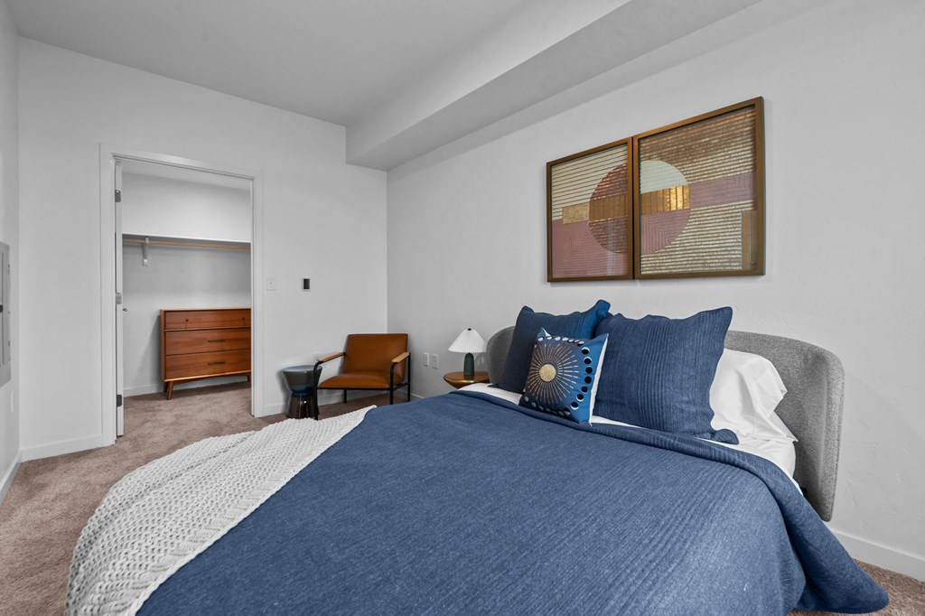 a bedroom with a large bed and a closet