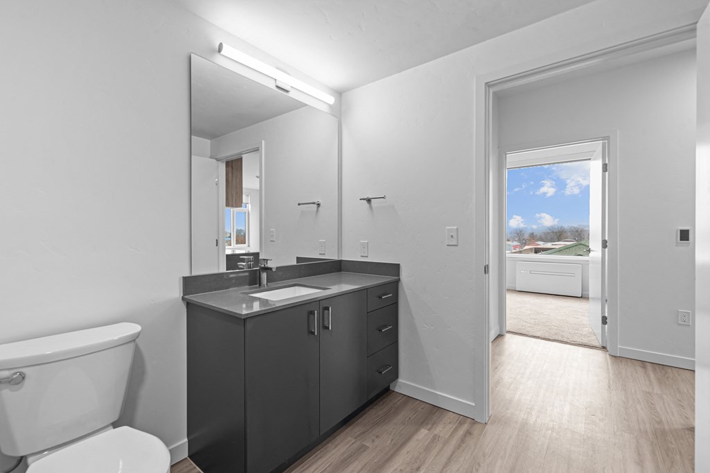 a bathroom with a mirror and a toilet and a sink